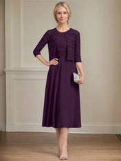 A-line Scoop Tea-Length Chiffon Mother of the Bride Dress With Pleated