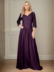 A Line Chiffon V Neck 3/4 Sleeves Floor-Length Mother Of The Bride Dress With Appliques