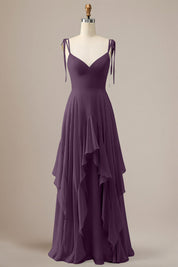 Elegant Dusty Blue A Line Spaghetti Straps Chiffon Long Bridesmaid Dress with Ruffles