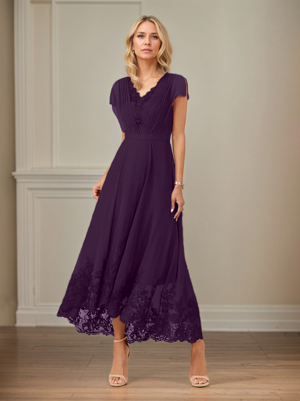 A Line V Neck Flutter Sleeve Ankle Length Chiffon Dress With Appliques