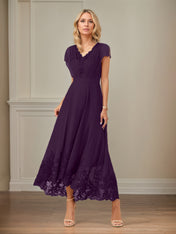 A Line V Neck Flutter Sleeve Ankle Length Chiffon Dress With Appliques