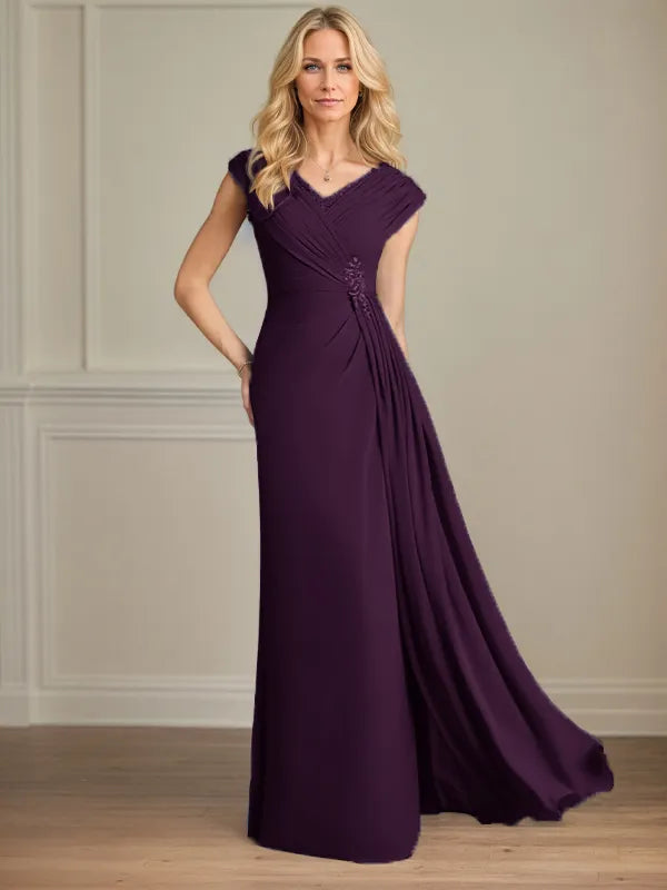 Column Chiffon V Neck Sleeveless Floor Length Mother of the Bride Dresses