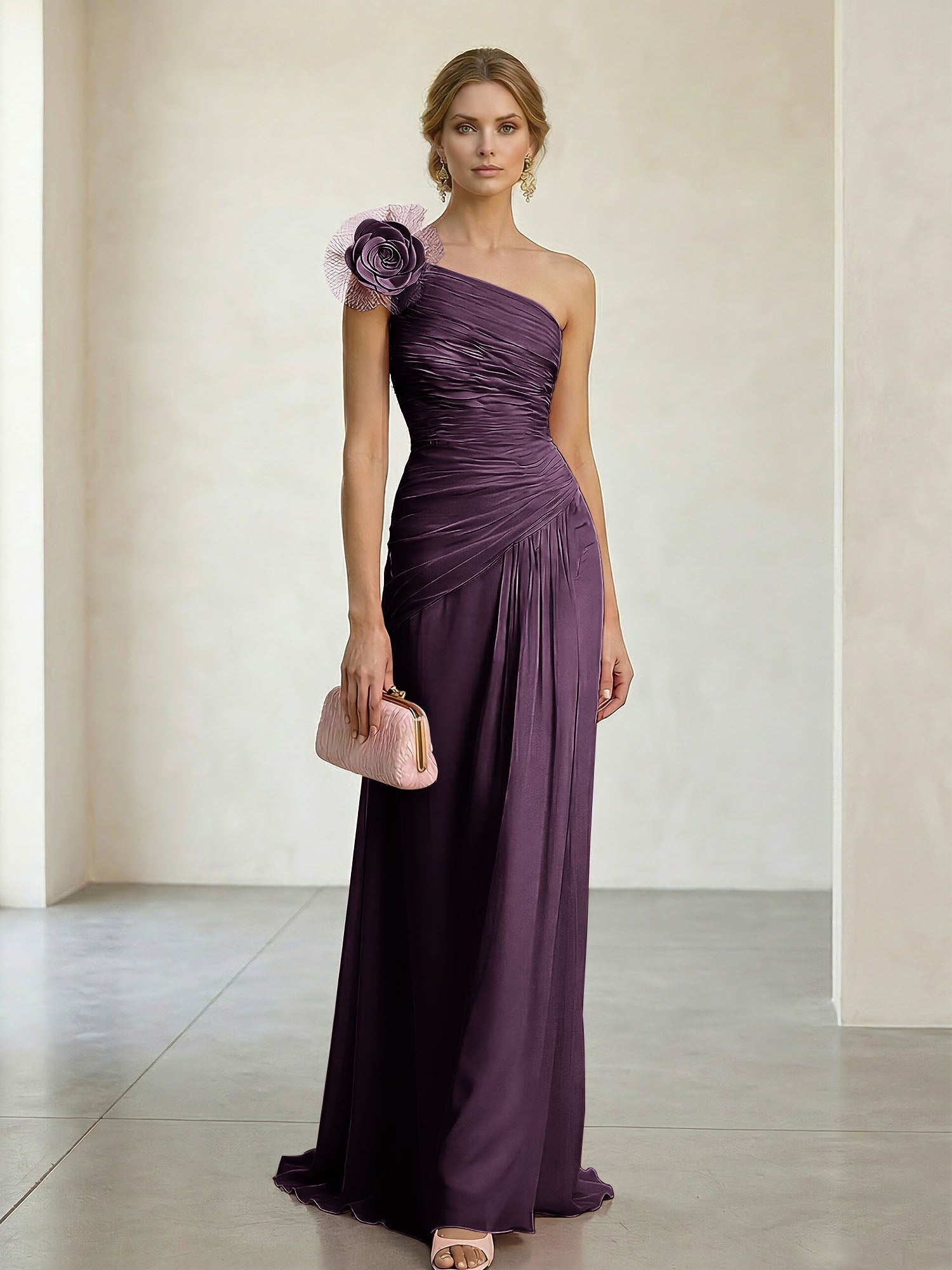 Blush Pink One-Shoulder Ruched 3D Floral Gown Dress
