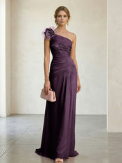 Blush Pink One-Shoulder Ruched 3D Floral Gown Dress
