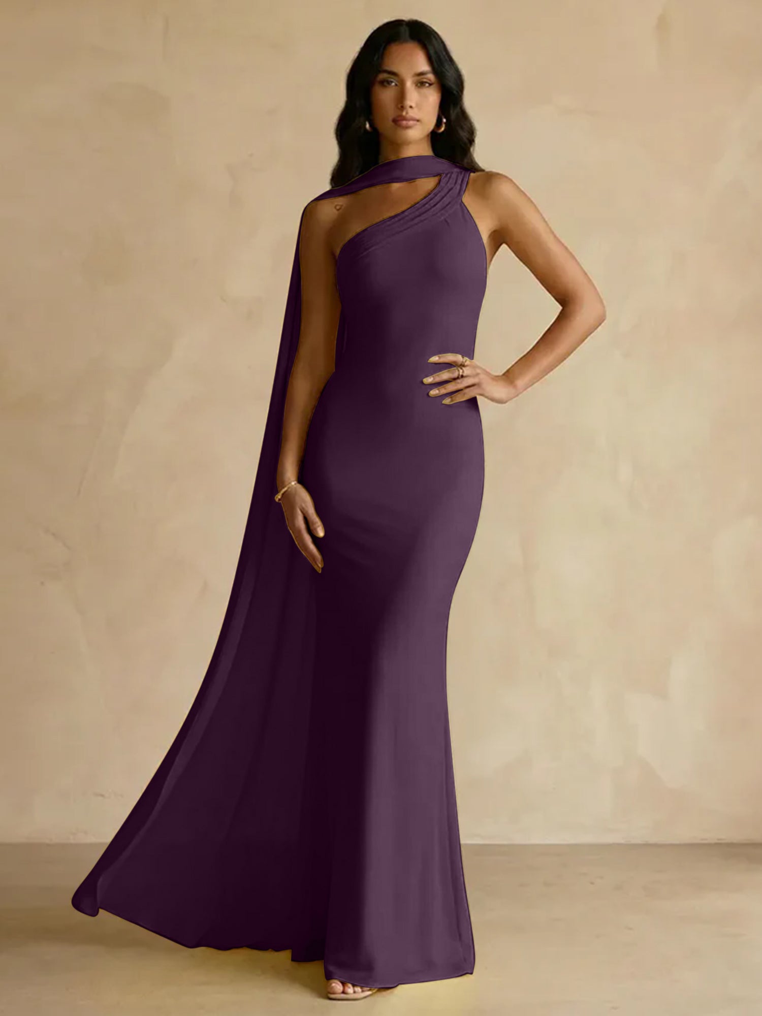 Yellow One-Shoulder Crepe Sheath Gown with Flowing Chiffon Cape Train
