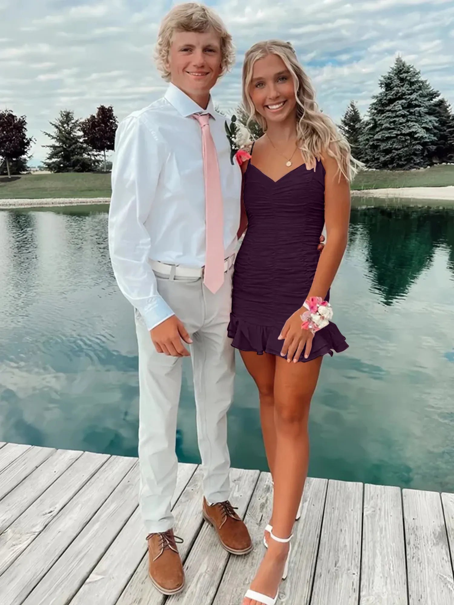 Cute Sheath Satin Short Homecoming Dress with Ruffles