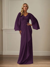 Sheath/Column Chiffon V Neck Long Sleeves Floor Length Mother of the Bride Dresses With Appliques