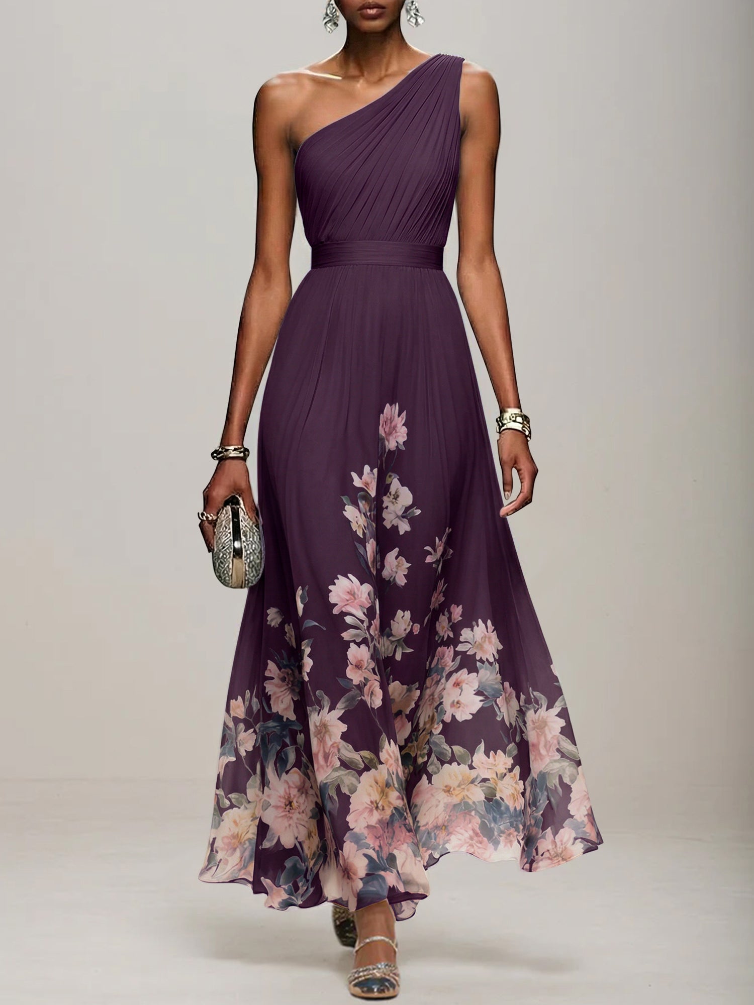 Light Blue Floral Chiffon One Shoulder Sleeveless A-Line Maxi Dress Gown