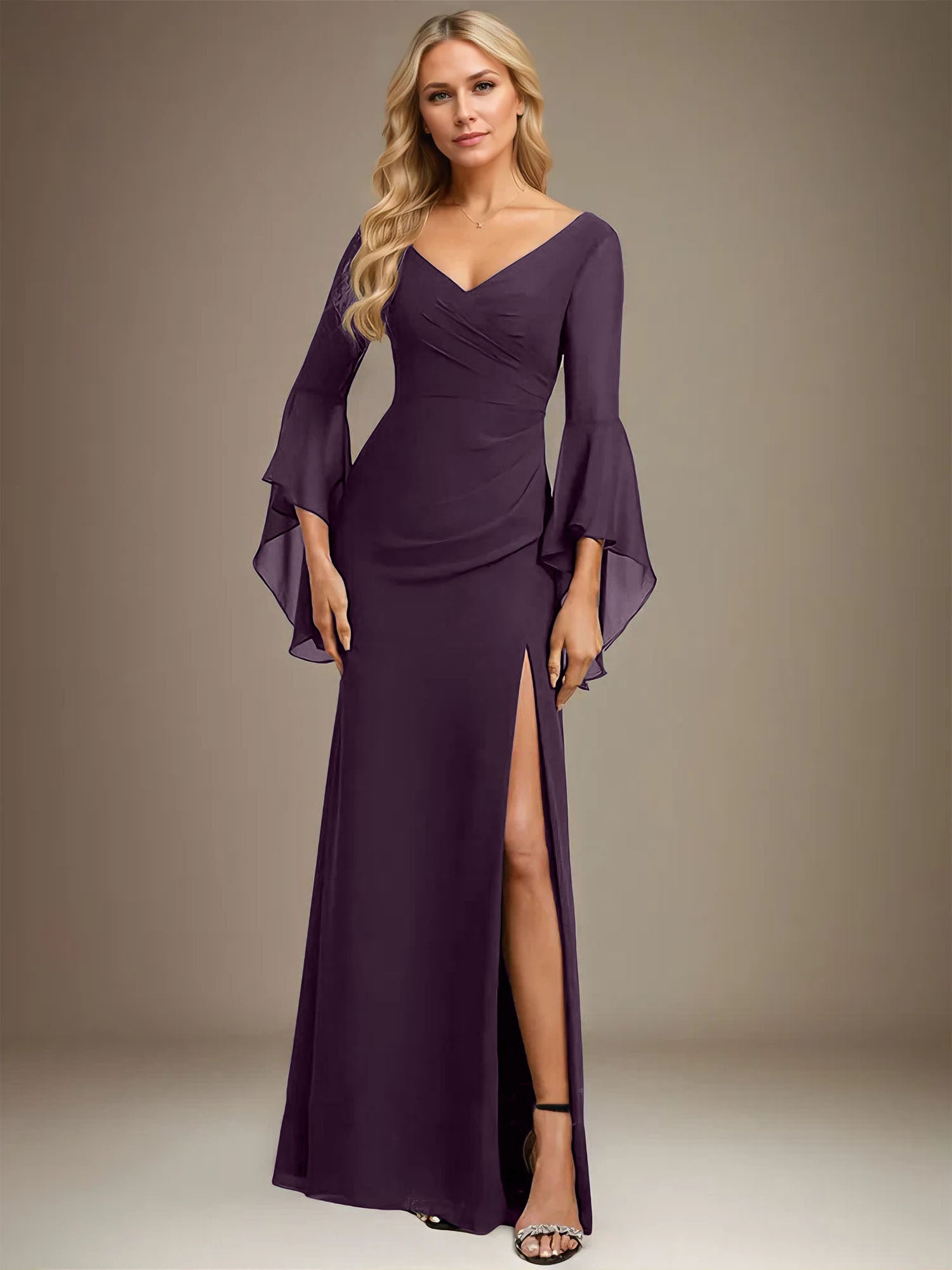 Column V-Neck Floor-Length Chiffon Dress With Pleated