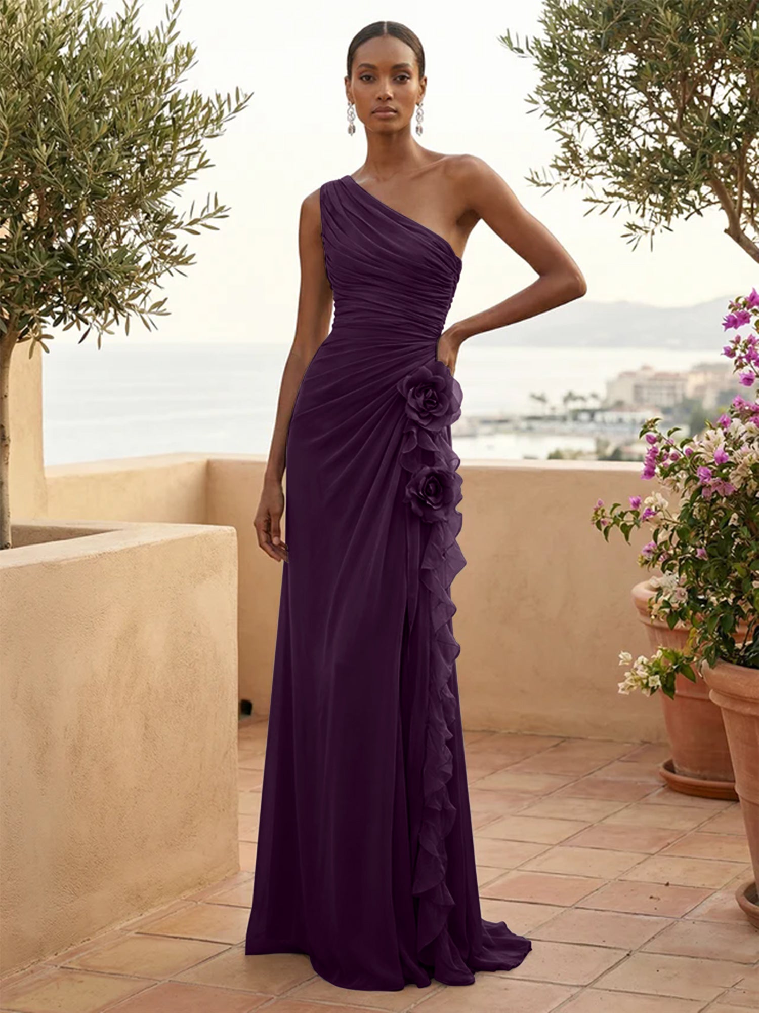 One Shoulder Pleat Mermaid A Line Ruffle Evening Dresses