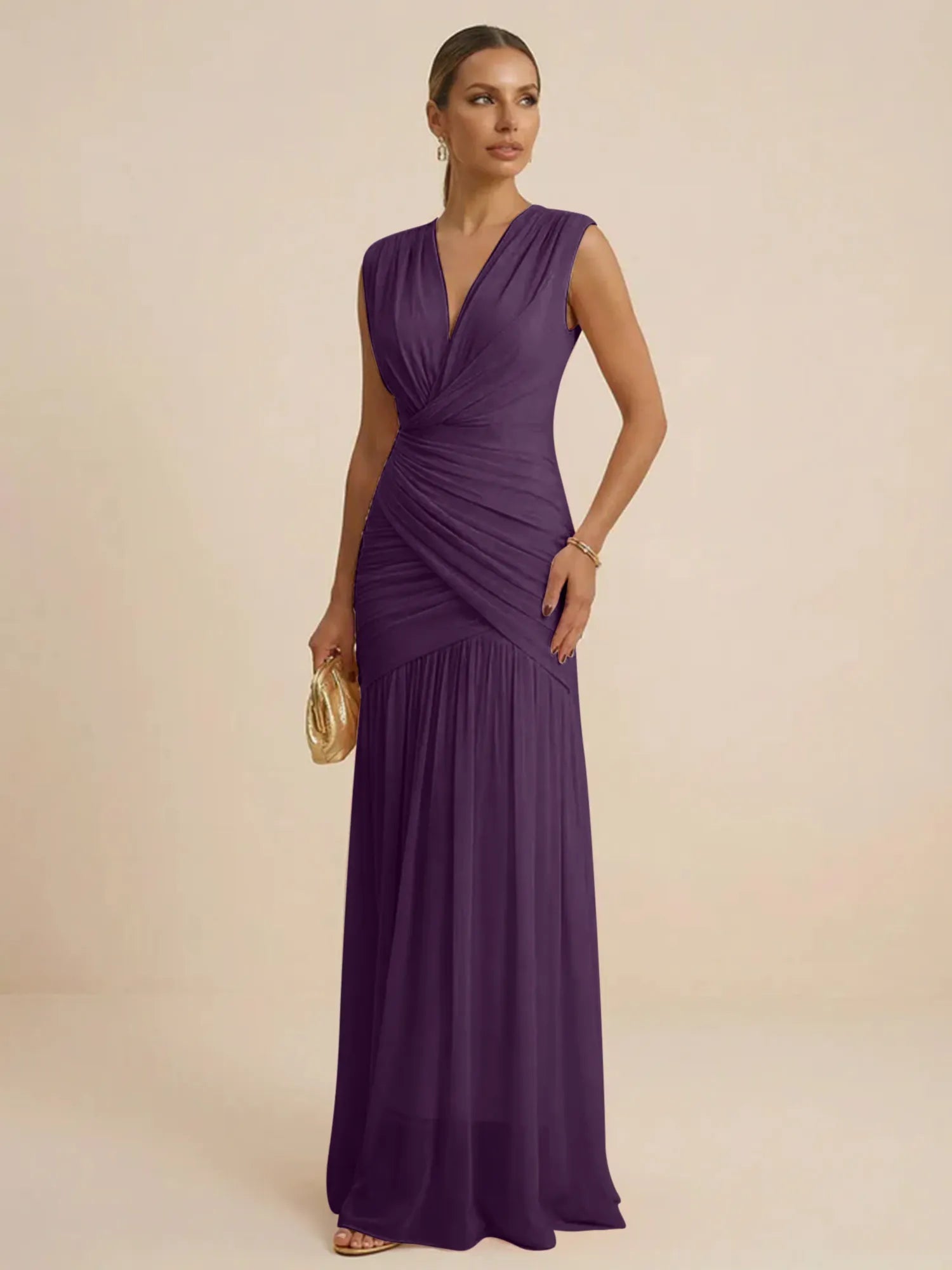 Pink Regular Straps V Neck Chiffon Pleat Mermaid Maxi Dress