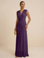 Pink Regular Straps V Neck Chiffon Pleat Mermaid Maxi Dress