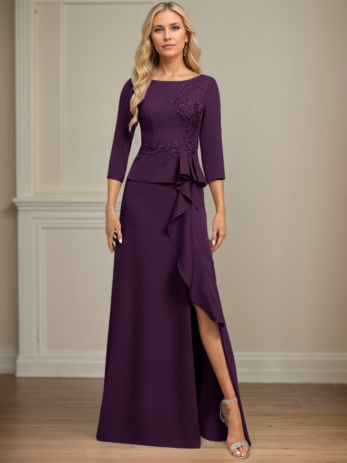 Column Scoop Floor-Length Stretch Crepe Dress With Cascading Ruffles Appliques