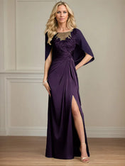 Sheath/Column Satin Scoop Neck Cap Sleeves Floor Length Mother Of The Bride Dresses