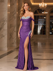 Dark Red Crystal Off-the-Shoulder Corset Prom Dress with Slit