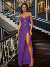 Sequin Strapless Sweetheart Long Prom Dress with High Slit