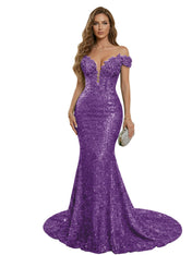 Sparkly Off The Shoulder Sequin Long Mermaid Corset Prom Dresses