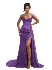 Gold Strapless Beading-Embellished Corset Prom Dress with Slit