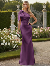 Light Blue One Shoulder Satin Sheath Long Bridesmaid Dresses