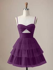 A Line Spaghetti Straps Short Tiered Homecoming Dress with Hollow Out