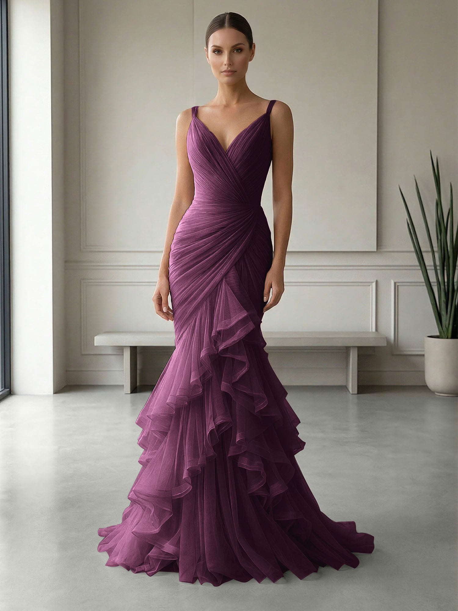 Mauve Folds Tulle Strapless Sleeveless Mermaid Gown Dress