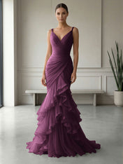 Mauve Folds Tulle Strapless Sleeveless Mermaid Gown Dress