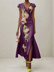 Green Floral V Neck Embroidered Cap Sleeve Slit Sheath Maxi Dress