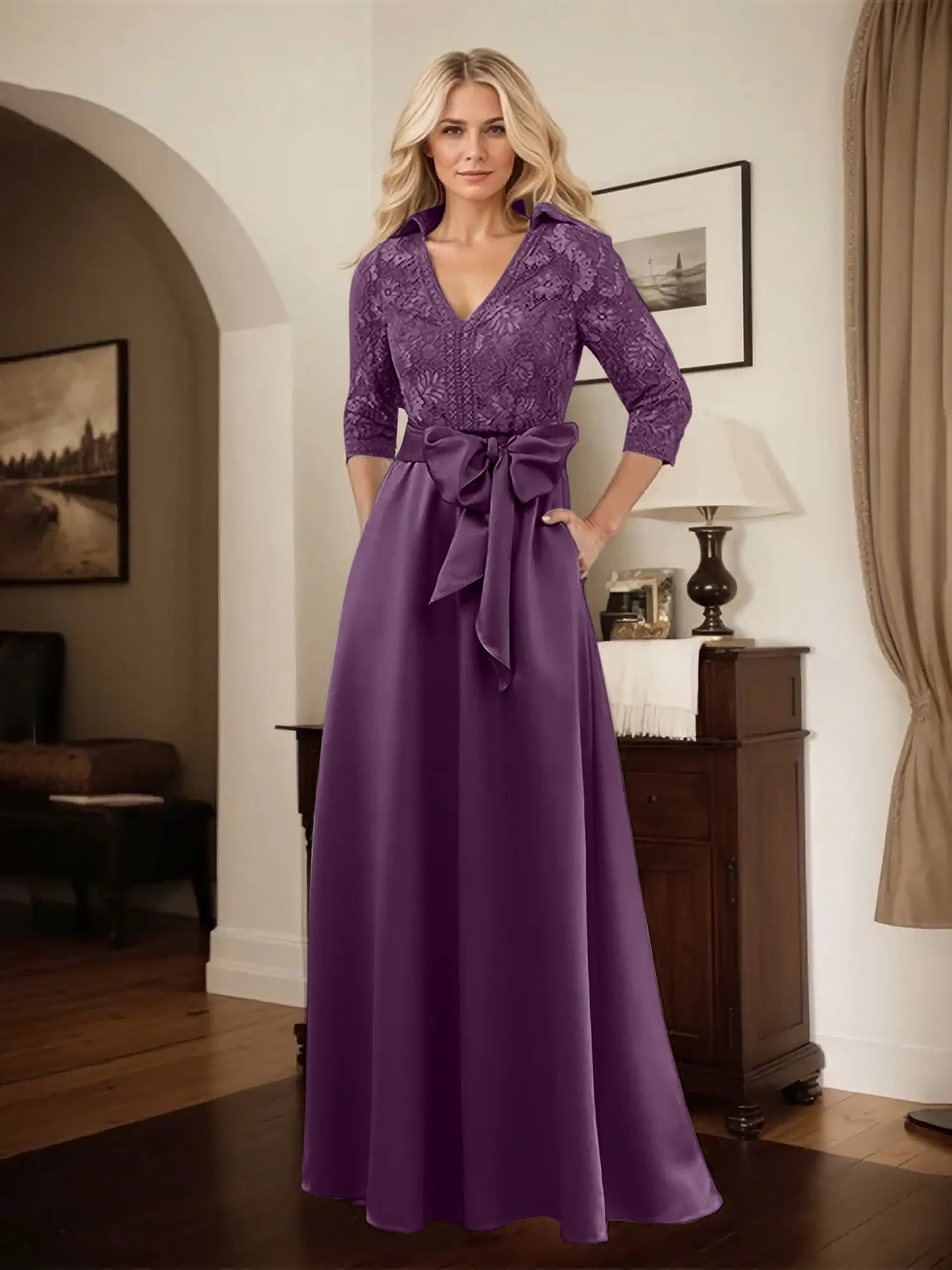 Classic V-Neck Bow Accented Satin Mother Of The Bride Dress With Lace