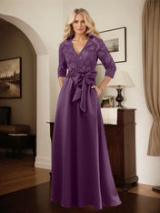 Classic V-Neck Bow Accented Satin Mother Of The Bride Dress With Lace