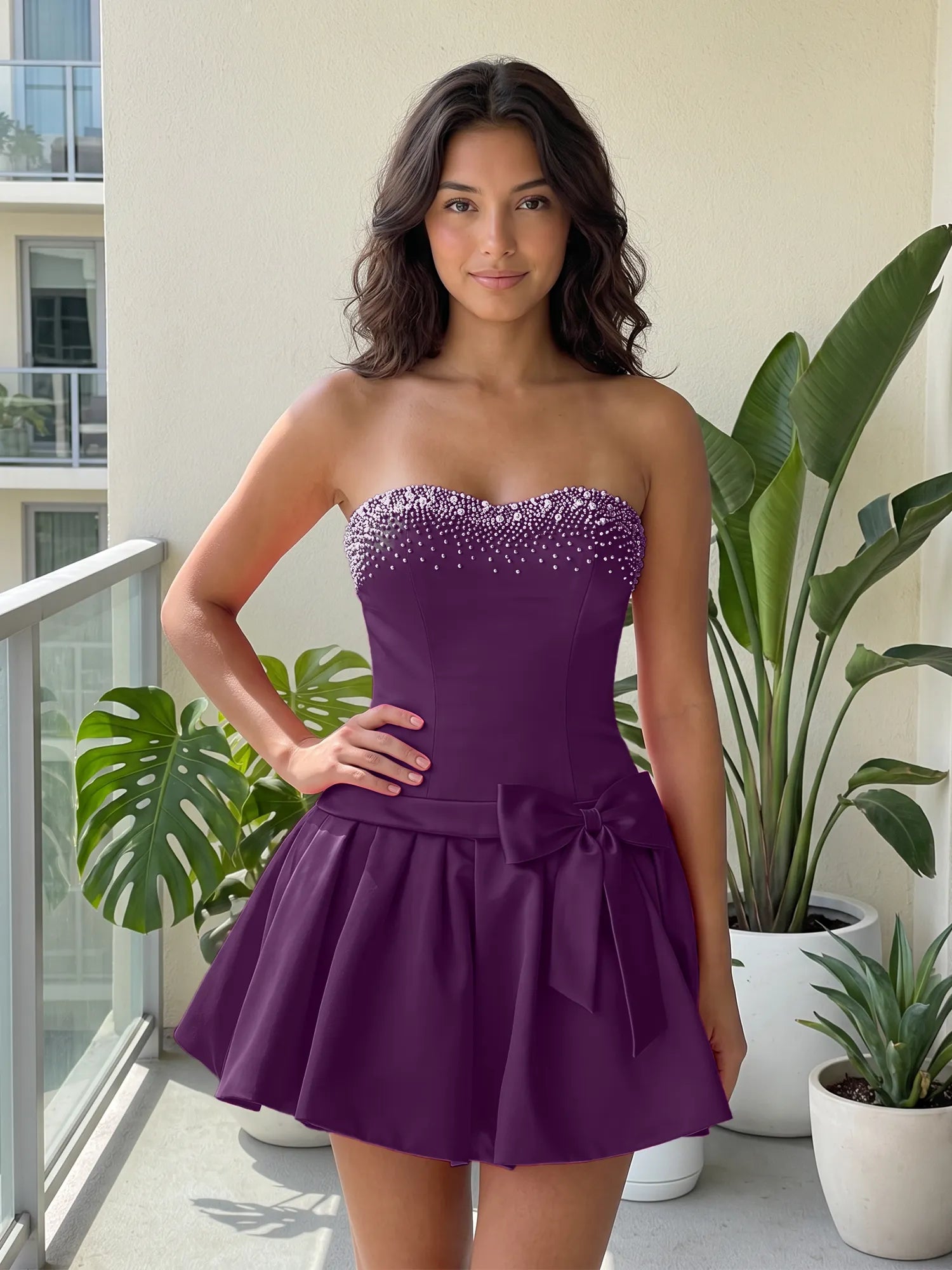 Fuchsia Pearl Corset Short Homecoming Dresses Large Waist Bow Lace Up Back