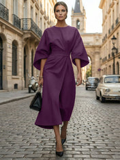 Loose Batwing Sleeve Dress Tight Waist Solid Color Elegant Dresses