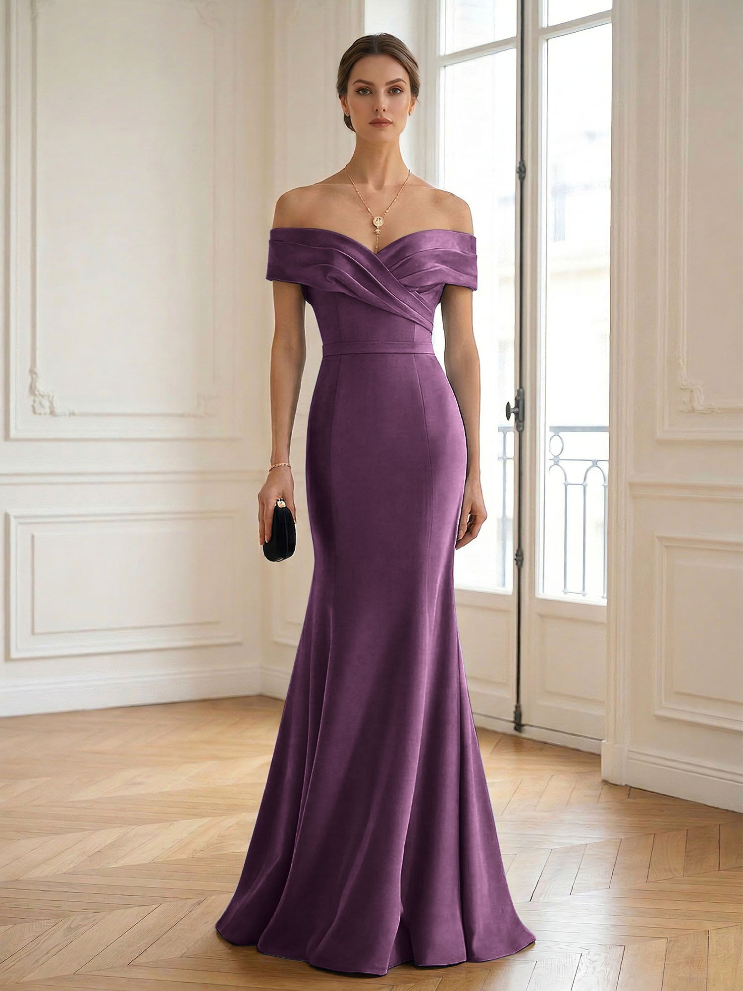 Formal Wedding Guest Dress Navy Off Shoulder Maxi Mermaid Dress