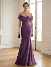 Formal Wedding Guest Dress Navy Off Shoulder Maxi Mermaid Dress