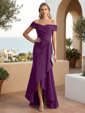 Off the Shoulder Pleat Satin High Low Mermaid Evening Dresses for Women