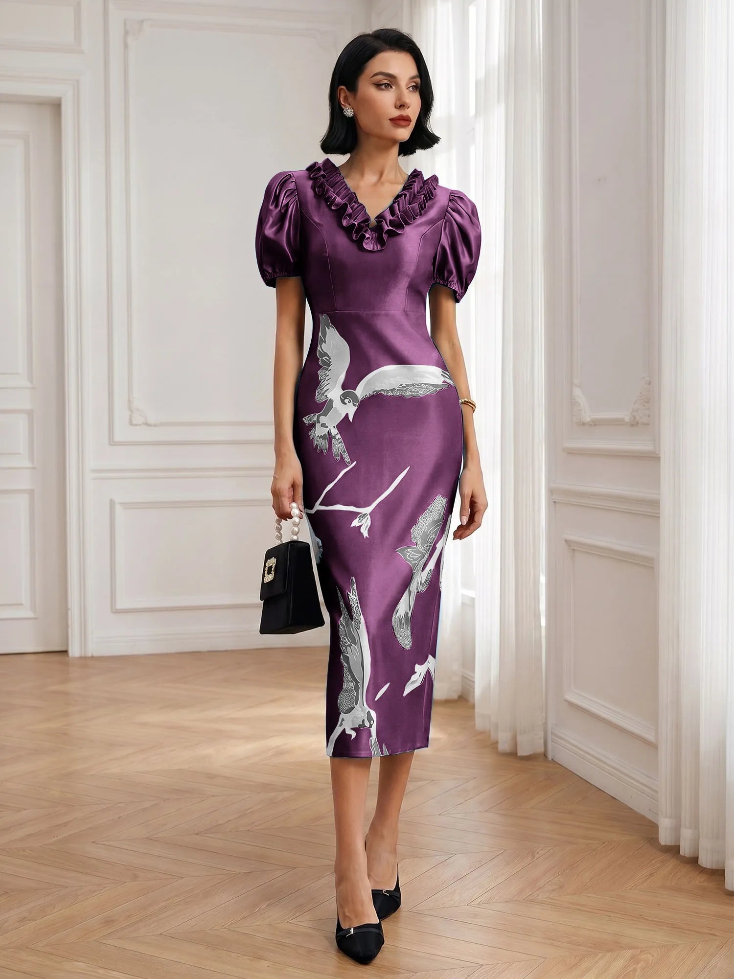 Black Folds V Neck Puff Sleeve Midi Sheath Dress