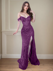 Red Off-the-Shoulder Beaded Tulle Long Prom Dress with Swirling Sequins