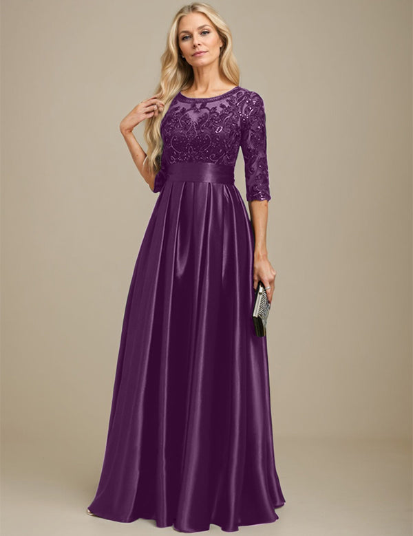 A-line Scoop Illusion Floor-Length Stretch Satin Lace Mother of the Bride Dress With Bow Sequins