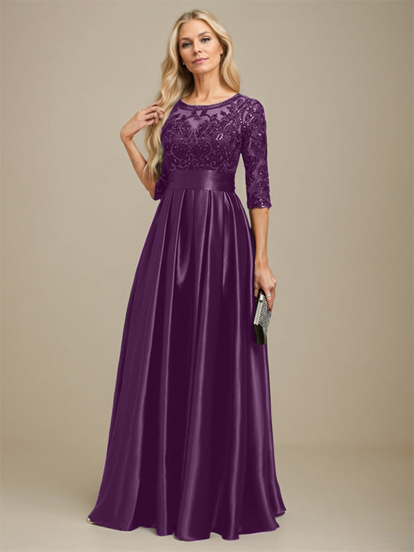 A-line Scoop Illusion Floor-Length Stretch Satin Lace Mother of the Bride Dress With Bow Sequins