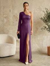 Long Sleeves Black One Shoulder Formal Dress Evening Gown