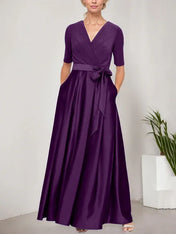 Surplice Neckline Ballgown with Full Satin Skirt & Jersey Bodice