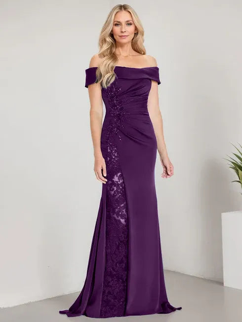 A-Line Off the Shoulder Floor-Length Mother of the Bride Dress Applique Beadings Mermaid Dress With  High Split