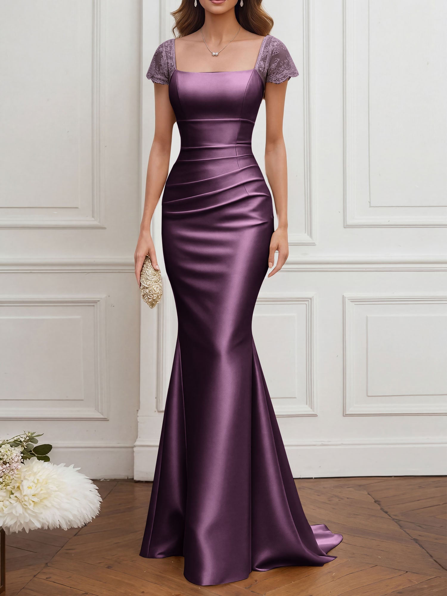 Mother of the Bride Dress Champagne Satin Square Neck Maxi Dress