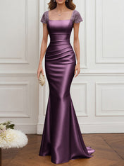 Mother of the Bride Dress Champagne Satin Square Neck Maxi Dress