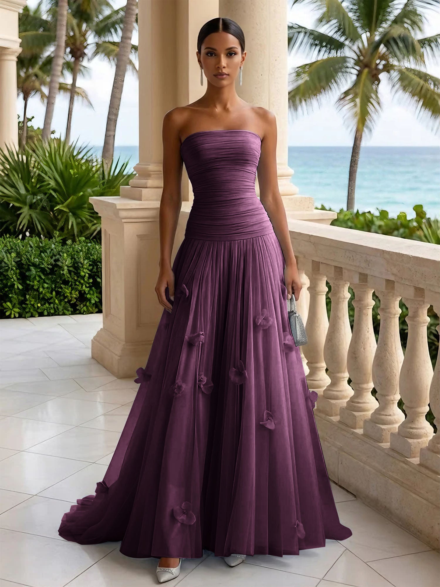 Light Blue Evening Dress with 3D Flower Strapless Pleat Maxi Dress