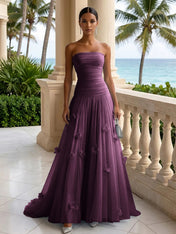 Light Blue Evening Dress with 3D Flower Strapless Pleat Maxi Dress