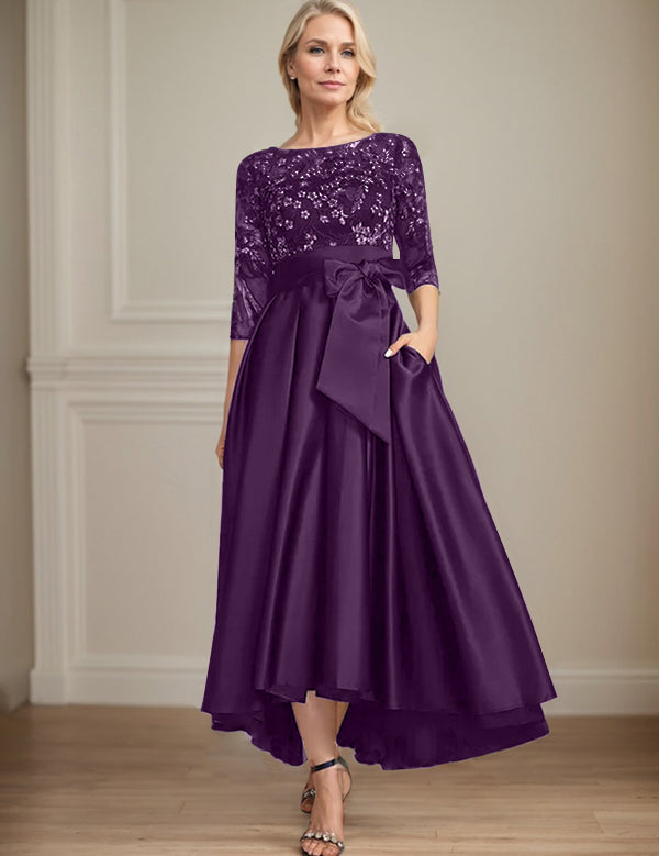 Robe de mère de la mariée asymétrique en satin et dentelle, coupe trapèze, décolleté en V, avec nœud 