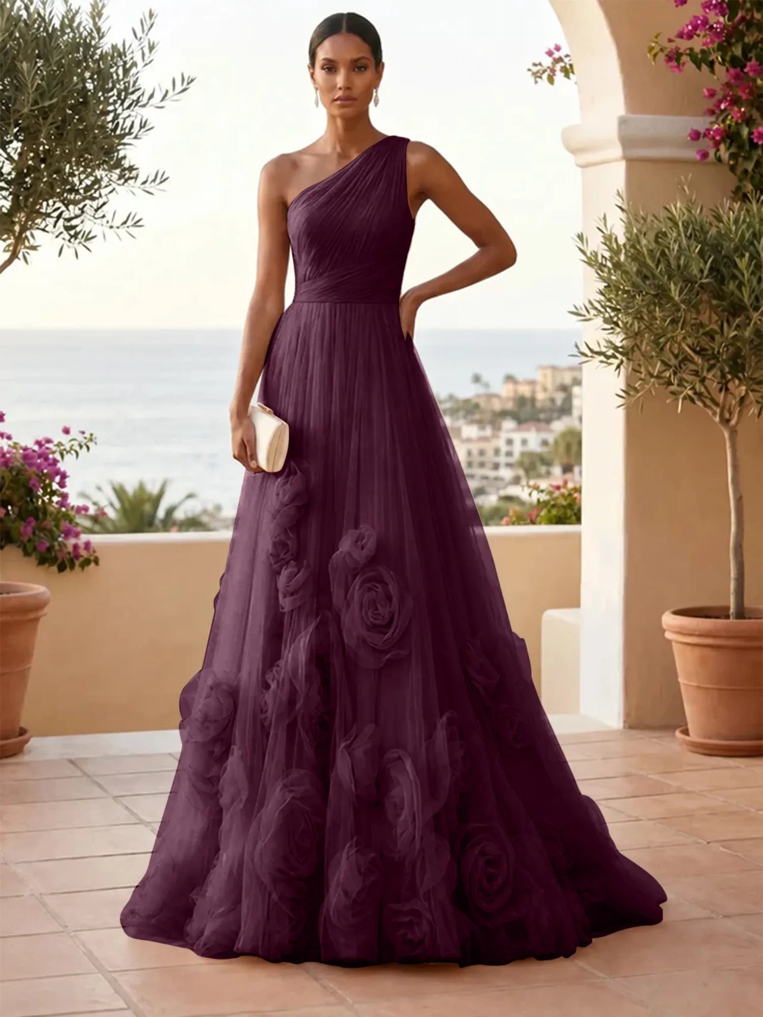 One-Shoulder Sweetheart Tulle Ball Gown with 3D Floral Accents Evening Dresses