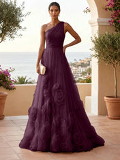 One-Shoulder Sweetheart Tulle Ball Gown with 3D Floral Accents Evening Dresses