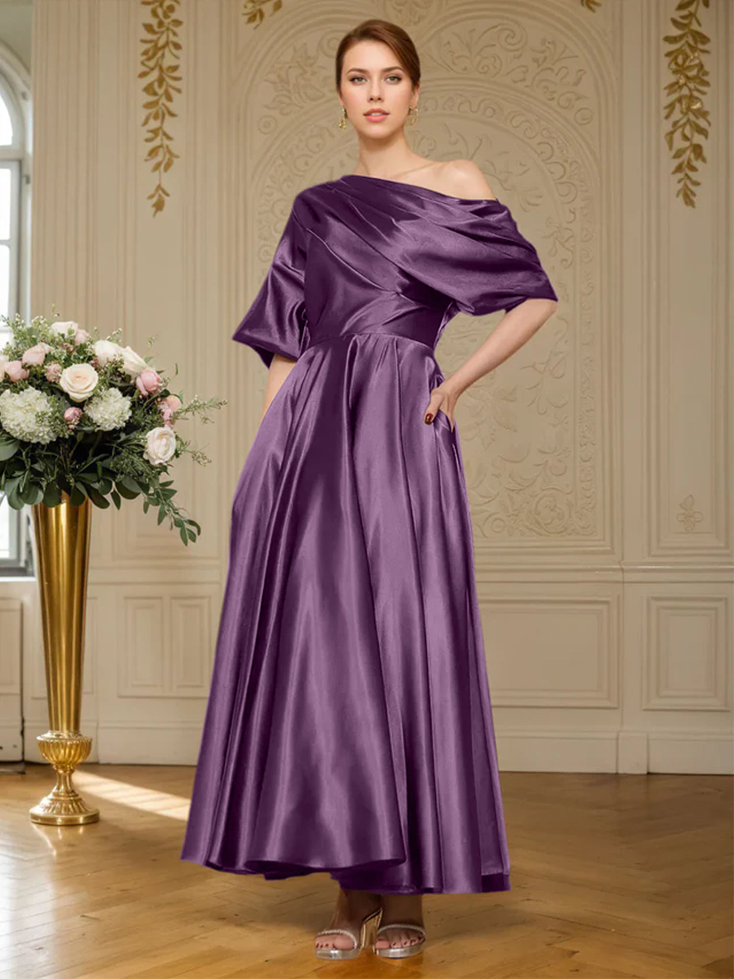 A-line Short Sleeves Pleated Ankle-Length Silk like Satin Mother of the Bride Dress