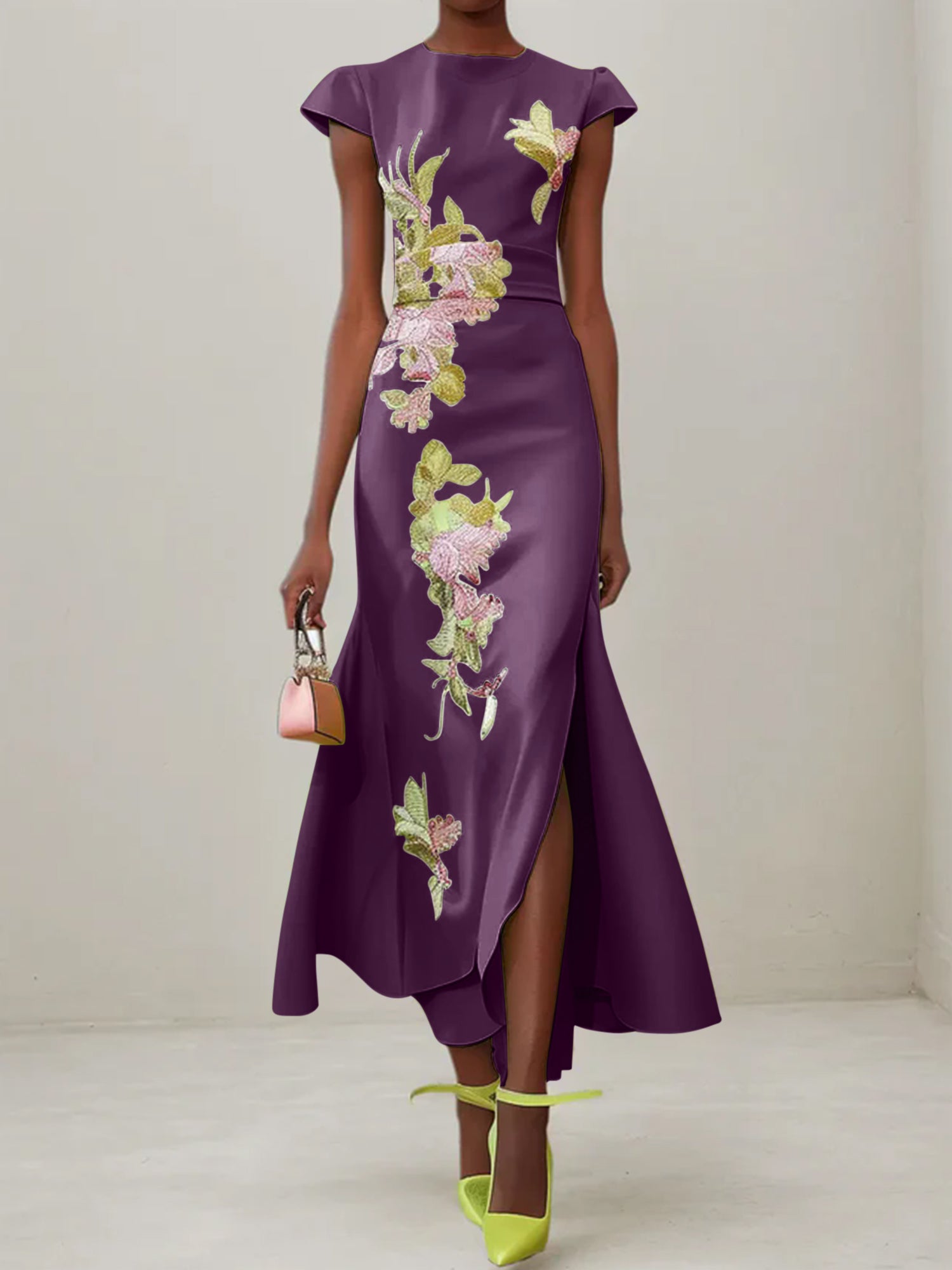 Green Floral Embroidered Cap Sleeve Slit Sheath Maxi Dress